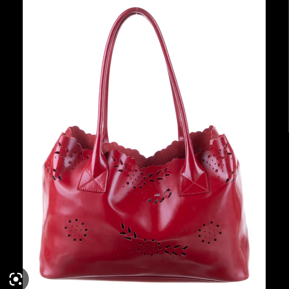 Red large furla tote with floral cut outs
